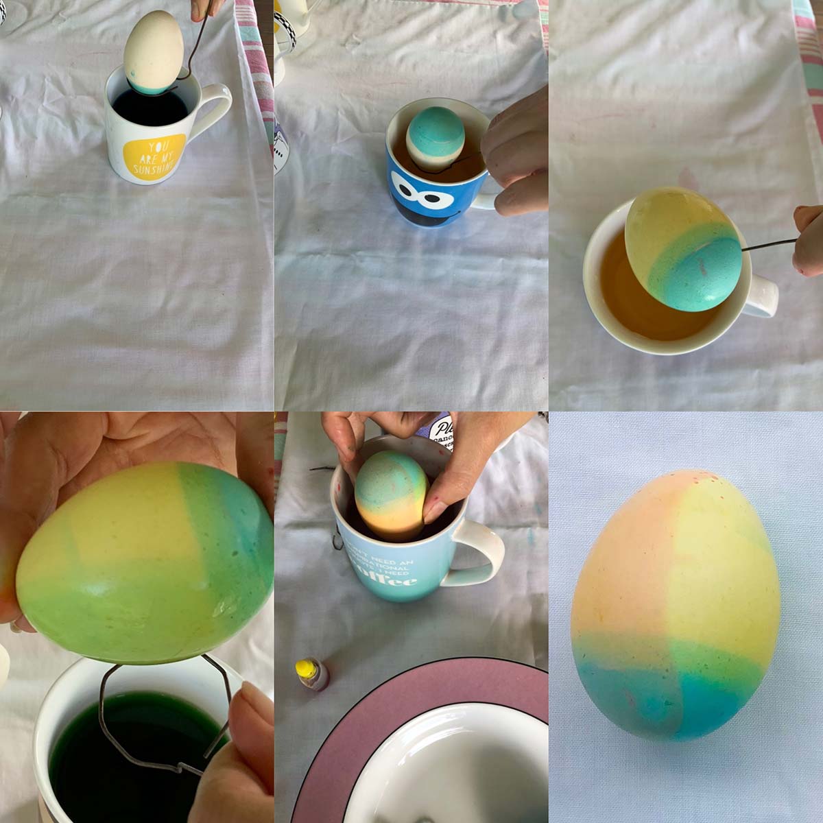 Egg dying process dipping egg in dye with wire holder and finished coloured egg