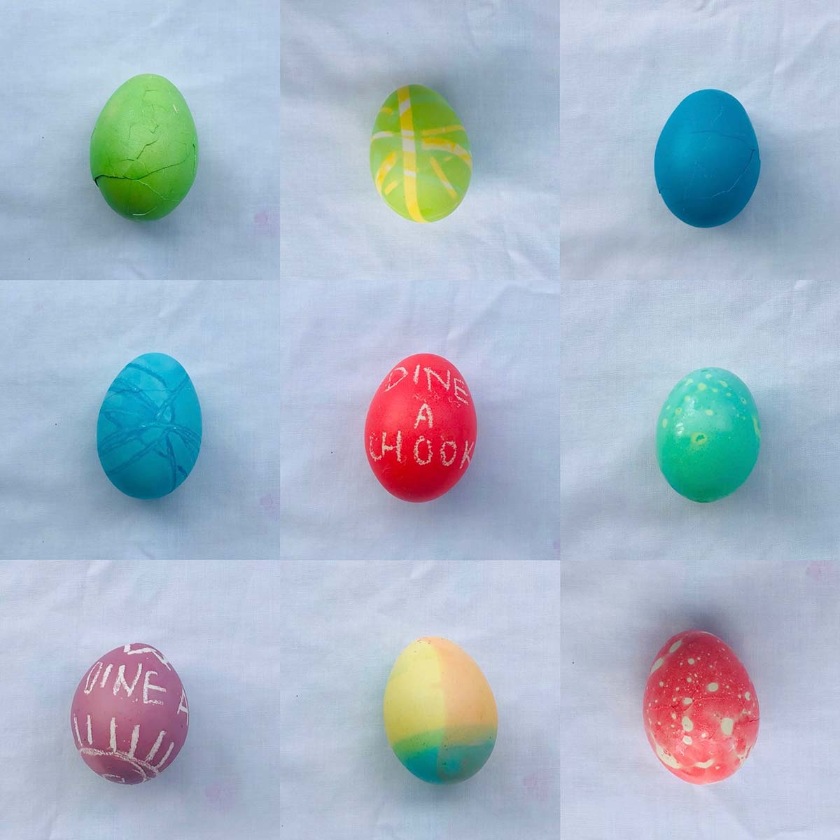 Dyed eggs of different colours and patterns